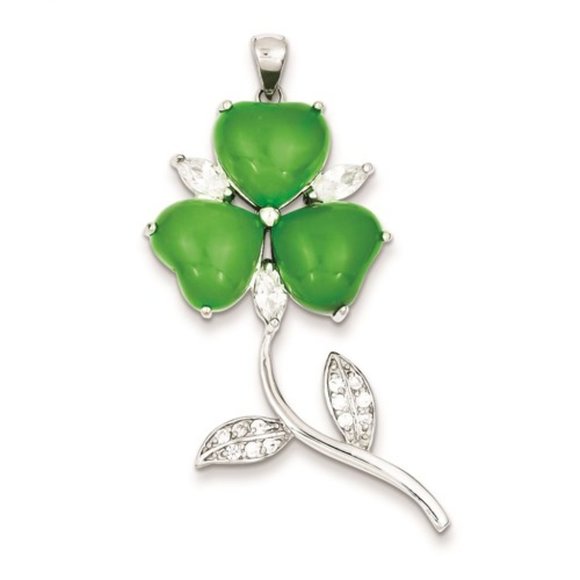 925 Sterling Silver Green Jade Clover 3-Leaf CZ Irish Shamrock Charm Pendant - Picture 11 of 11